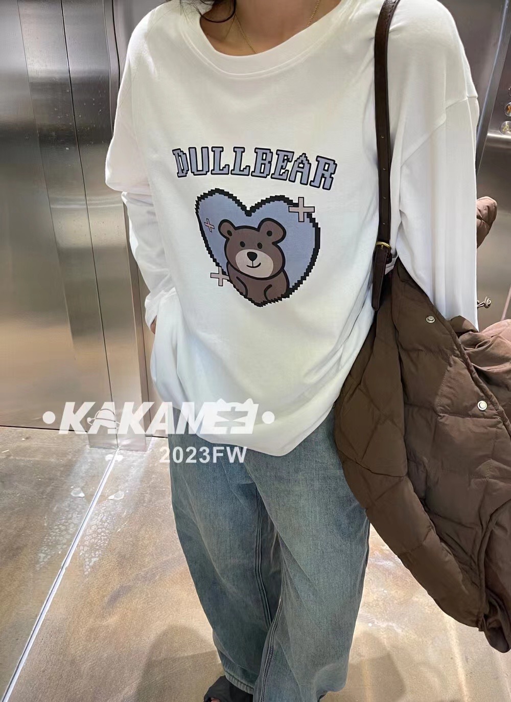 秋冬韓版新款寬鬆卡通小熊字母圓領中長款磨毛長袖T恤女百搭上衣