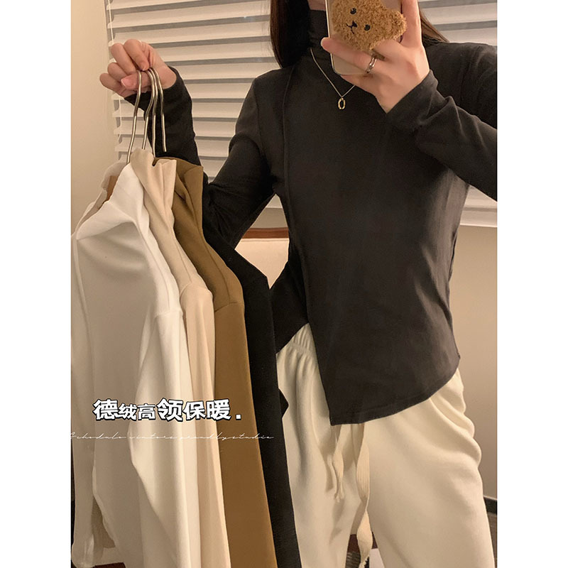 Actual shot of autumn and winter German velvet half turtleneck bottoming shirt for women with brushed plus velvet slits, slim long-sleeved inner top