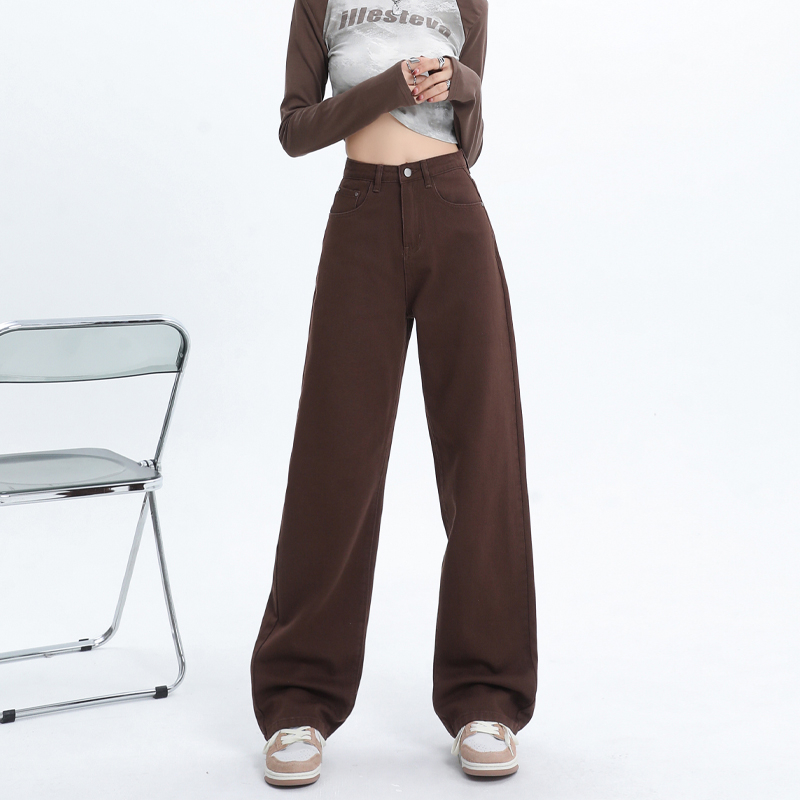 Actual shot of a new color for autumn and winter, brown brown wide-leg floor-length jeans, soft high-street straight pants for dad