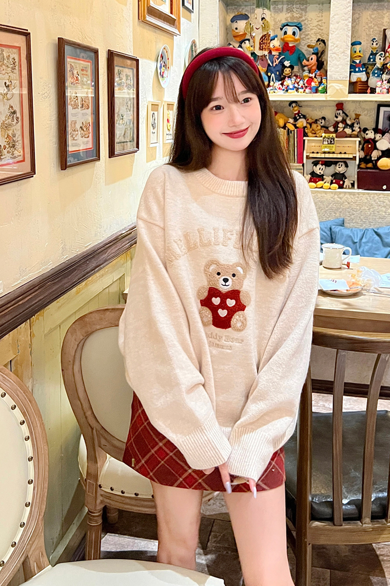 Cashmere #Little Bear Embroidery Knitted Sweater Women's Autumn and Winter 2023 New Sweet French Soft Waxy Pullover Loose