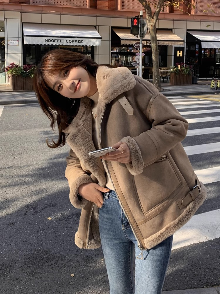 Fur integrated lambskin jacket for women winter 2023 new Korean style high-end imitation lambskin suede motorcycle jacket