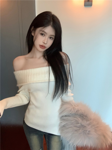 Actual shot of pure lust hottie one-shoulder fur top women's knitted bottoming shirt imitation mink velvet sweater