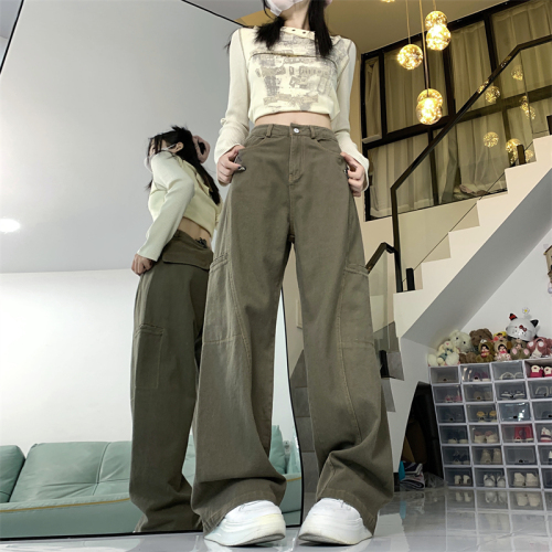 Real shot #American retro casual pants for women 2023 autumn and winter new straight slim high street wide leg overalls trend