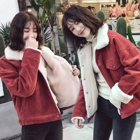 Autumn and winter new Korean style corduroy jacket women's plus velvet thickening large size loose versatile short jacket