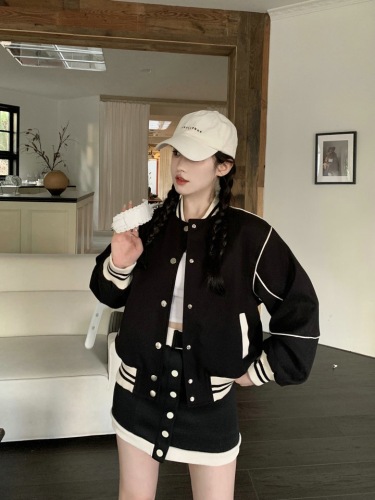 Retro Sweet and Cool Contrast Color Baseball Uniforms Fashion Trendy Jackets Tops Women's Short Jackets