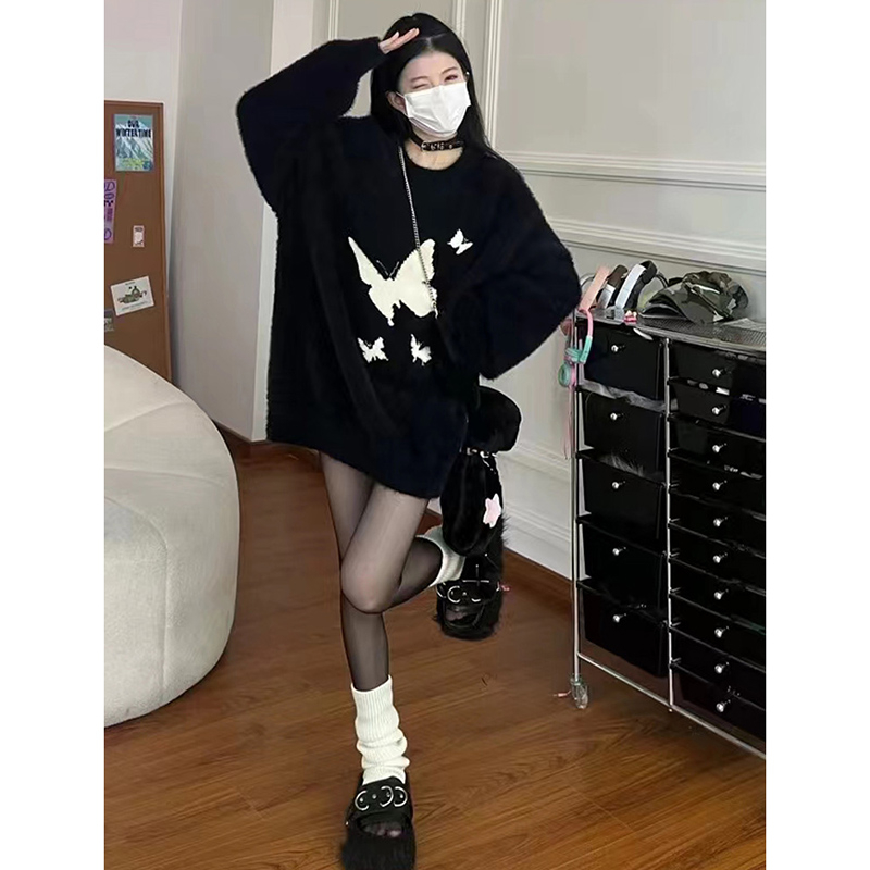 軟糯溫柔蝴蝶慵懶風秋冬新款毛衣女寬鬆復古仿水貂絨甜辣針織衫厚