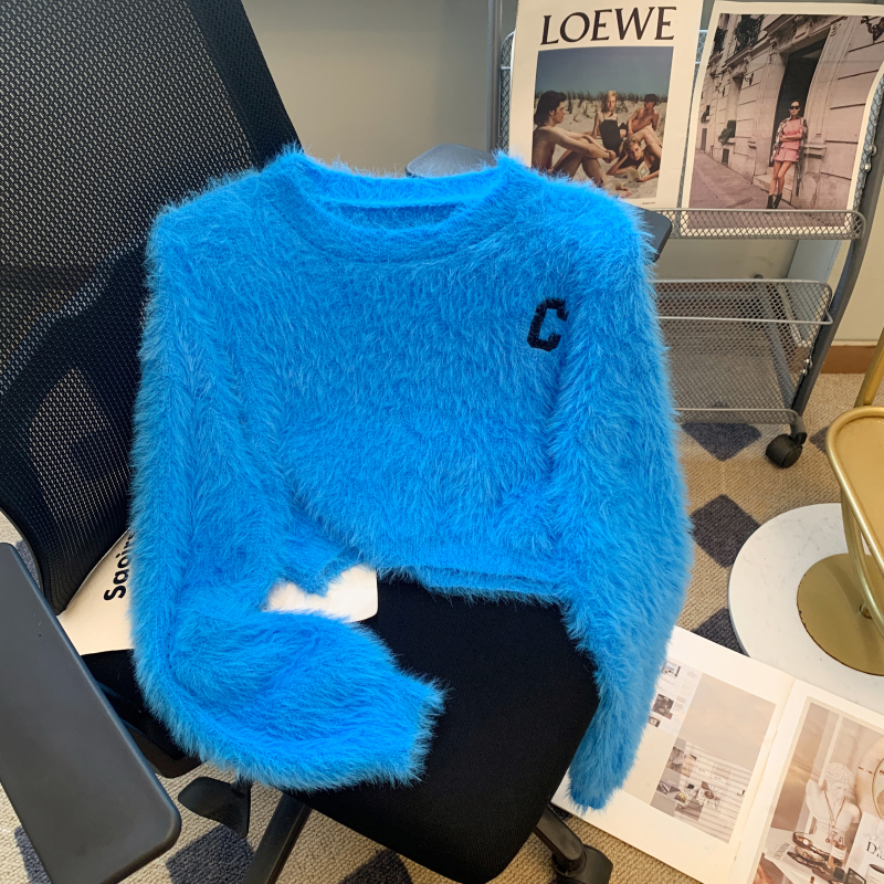 韓系小個子慵懶風字母刺繡貂毛毛衣女秋冬款溫柔軟糯毛絨針織上衣