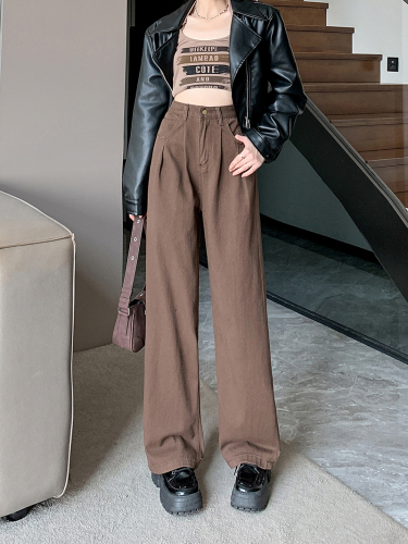 Actual shot ~ pleated retro brown denim wide leg pants women's high waist slim straight pants autumn long pants