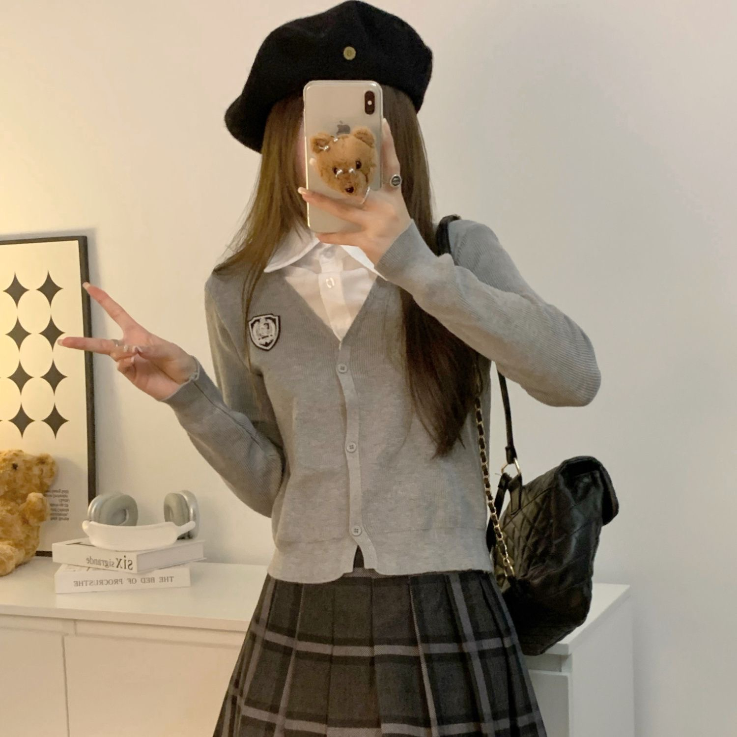Polo collar temperament fake two-piece college style tops for women spring and autumn new versatile slim splicing western style sweaters