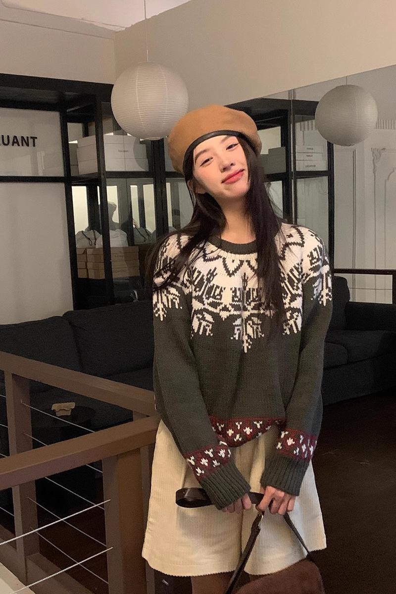 韓版復古灰色圓領費爾島毛衣套頭針織衫女新款秋撞色羊毛外穿上衣