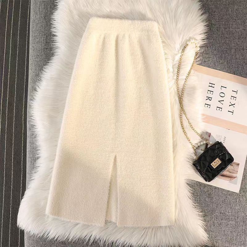 Mink fur back slit one-step skirt women's autumn and winter wool knitted high waist slimming mid-length skirt