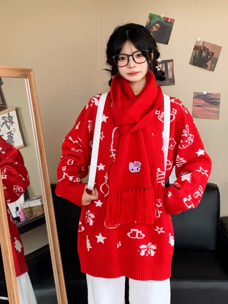 做夢特長生 原創卡通凱蒂貓圓領毛衣秋冬情侶寬百搭針織衫上衣