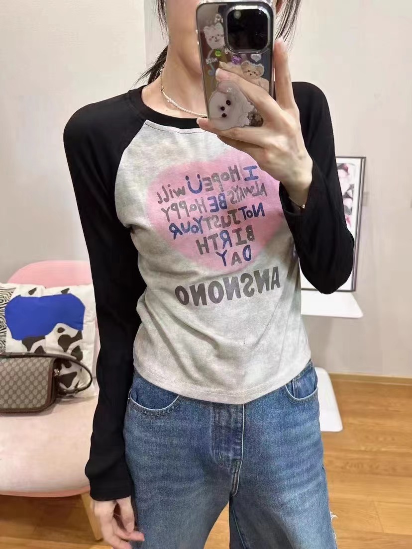 韓版卡通磨毛加絨愛心字母印花長袖T恤打底衫女2023冬季百搭上衣
