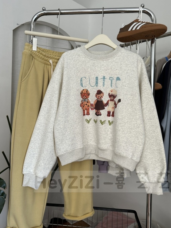 韓國東大門同款秋冬女生加絨可愛卡通小熊手牽手印花圓領寬鬆衛衣