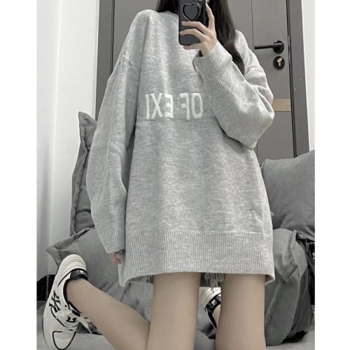 American high street loose letter round neck sweater for women autumn new versatile casual high-end niche gray top