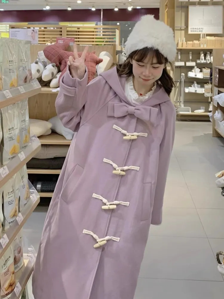 小個子紫色寬鬆毛呢外套女2023年新款秋冬季中長款牛角扣連帽大衣