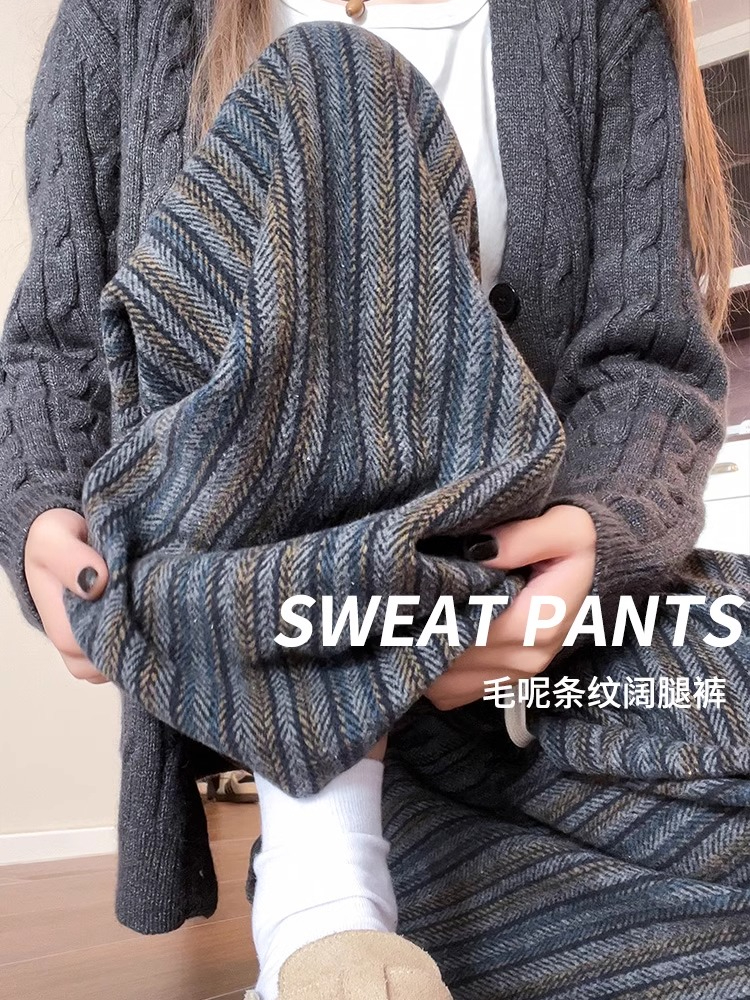 Dark Blue Vertical Striped Pants Women's Autumn and Winter 2023 New Casual Small Thickened Retro High Waist Drape Wide Leg Pants