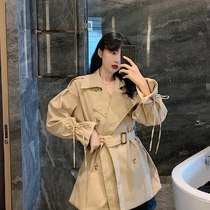 Double-layered lining + wrist drawstring 2023 new autumn and winter double-breasted suit collar small casual windbreaker