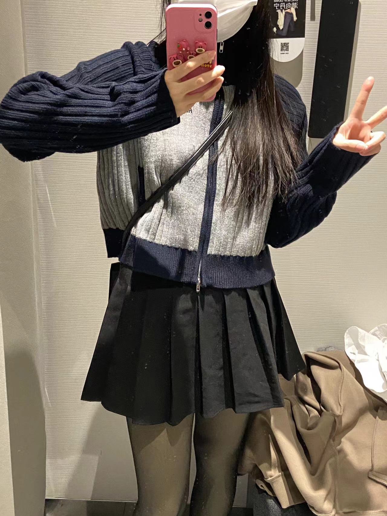 韓版原創秋季新款女裝甜酷時尚撞色插肩袖翻領短款針織毛衣外套