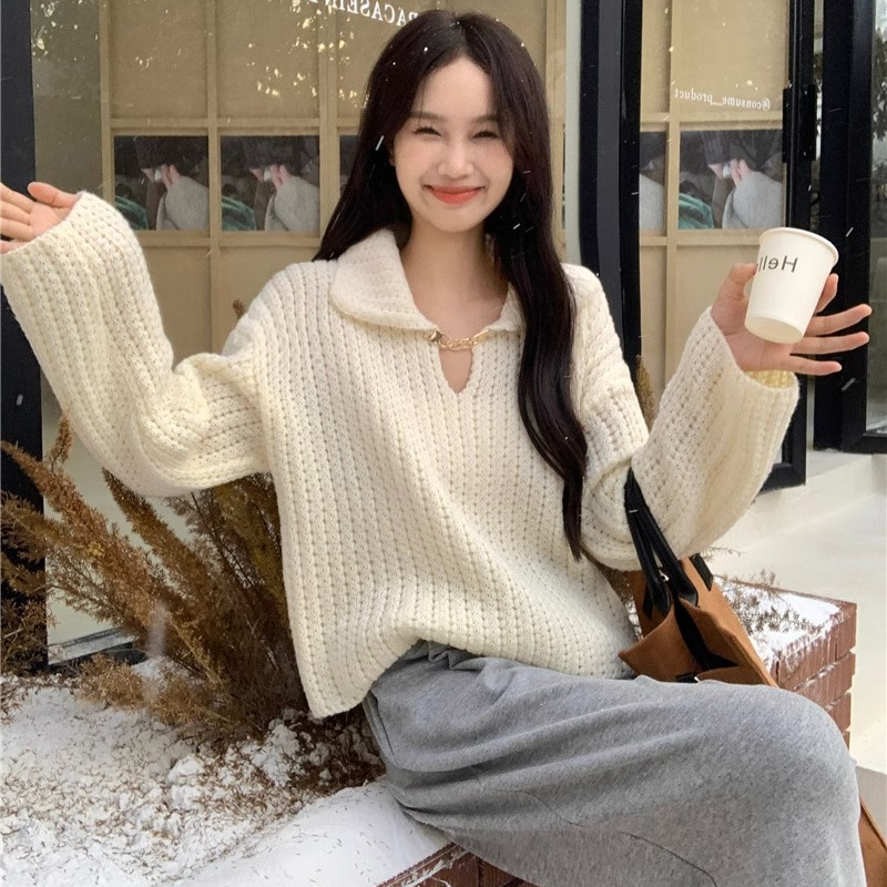翻領鏈條長袖毛衣女ins秋季2023新款時尚設計感寬鬆百搭別致上衣