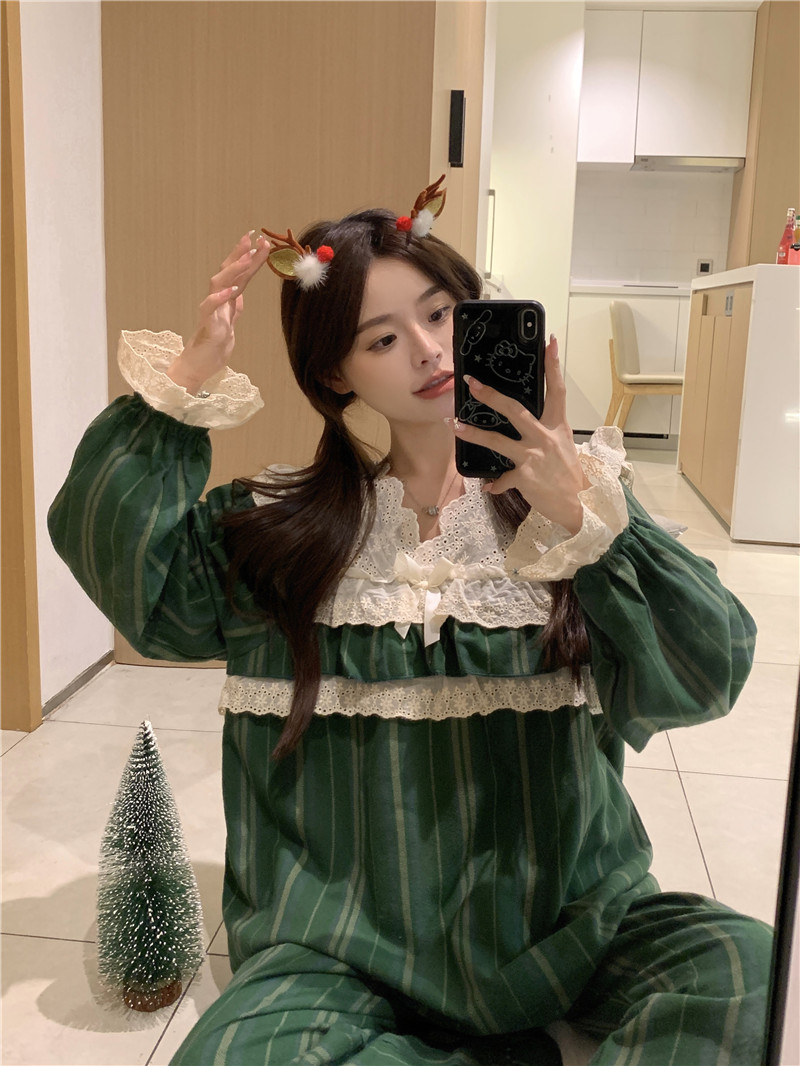 實拍韓版秋冬全棉加厚磨毛甜美蕾絲撞色公主風聖誕綠家居服套