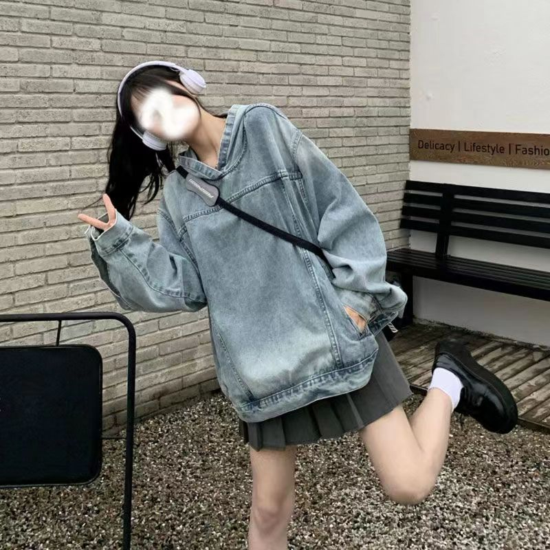 美式復古情侶裝連帽設計感牛仔衛衣外套女韓版寬鬆帥氣套頭夾克潮