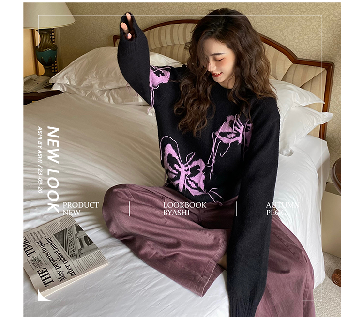黑色圓領蝴蝶刺繡衛衣女秋冬新款慵懶風寬鬆時尚百搭減齡套頭上衣
