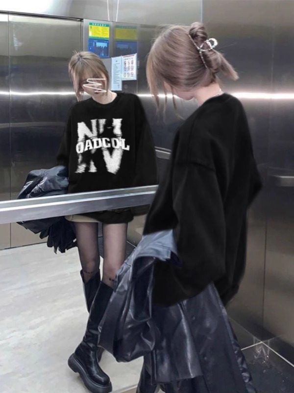 美式高級感復古黑色圓領衛衣女秋冬2023新款加絨加厚hiphop上衣潮