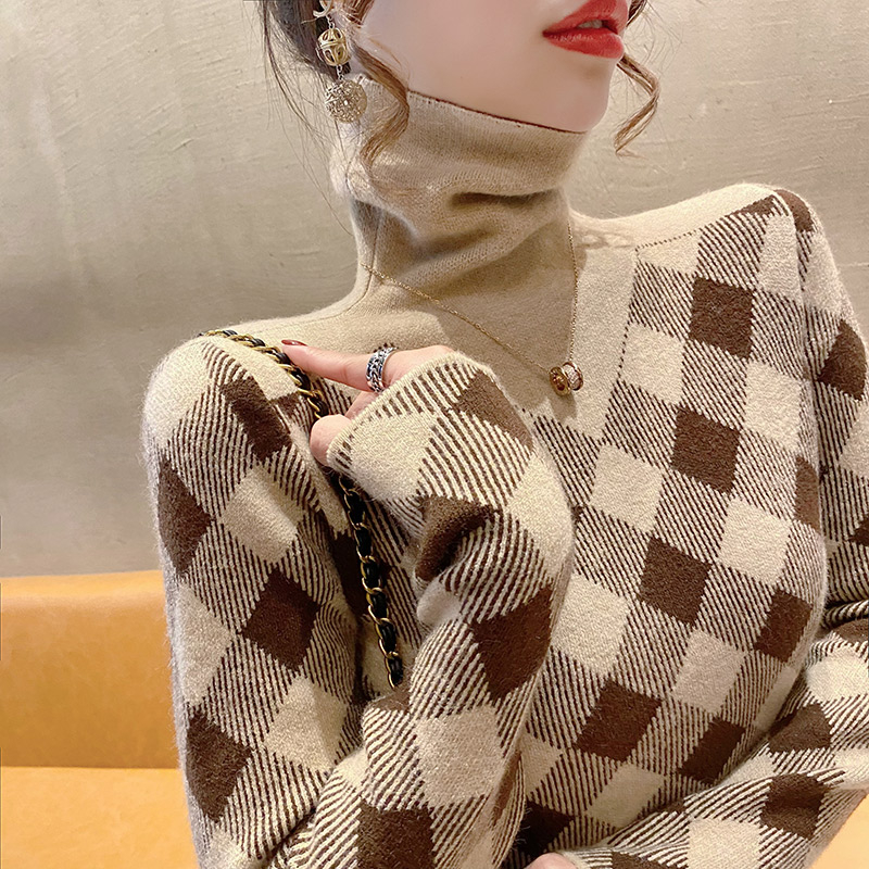 高領毛衣女打底針織衫時尚洋氣撞色百搭新款秋冬修身女士內搭上衣