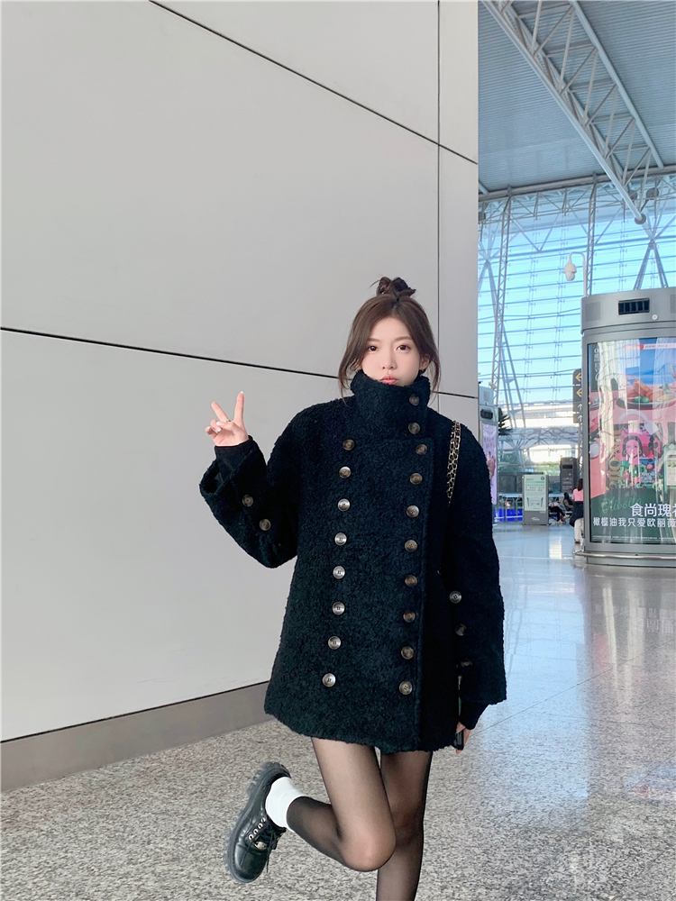 Actual shot~Double-shot buttoned hoop fur coat for women, soft and furry, loose and slim, stand-up collar mid-length top