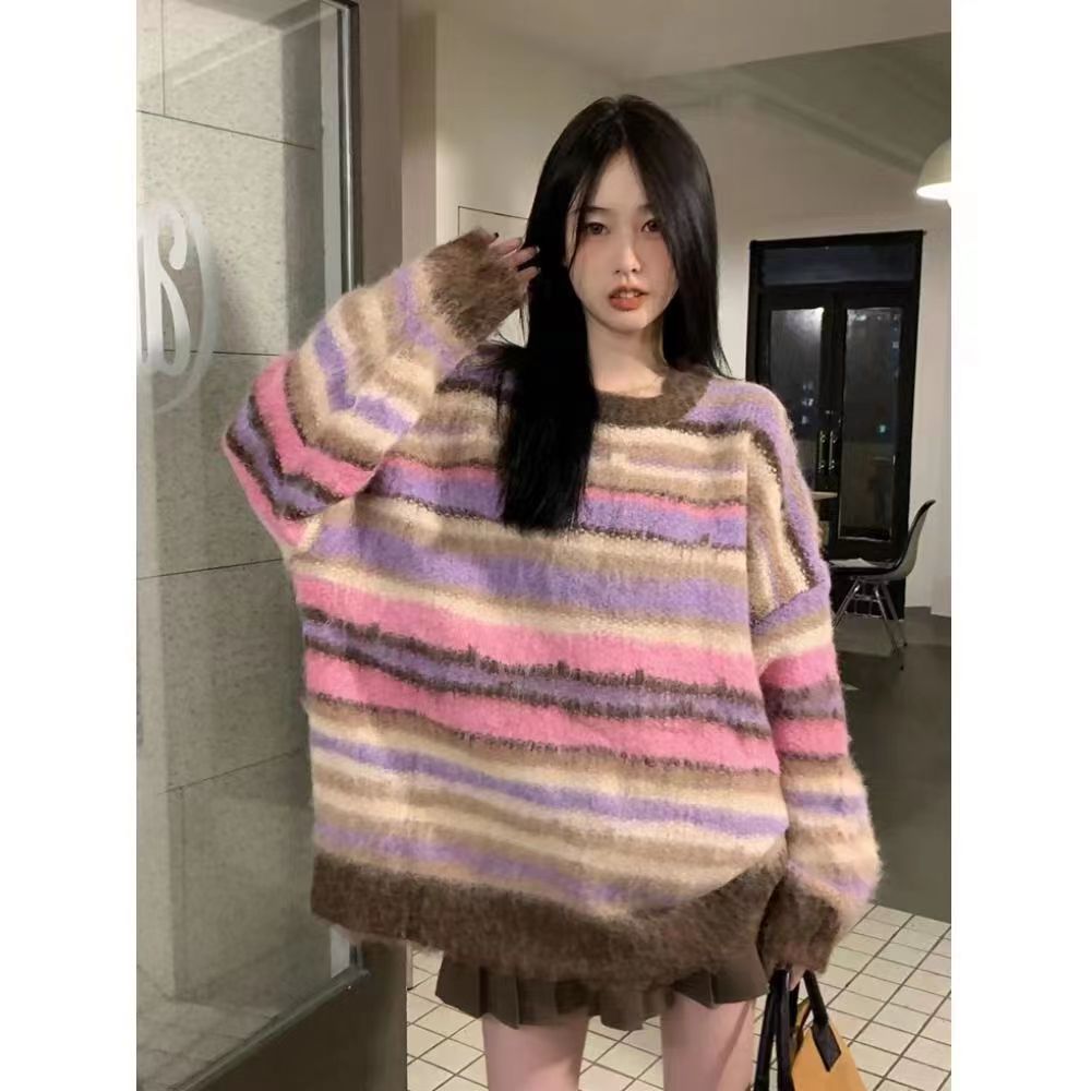 RICHFOX彩虹條紋毛衣女秋冬別致絕美溫柔氛圍感慵懶風針織衫上衣