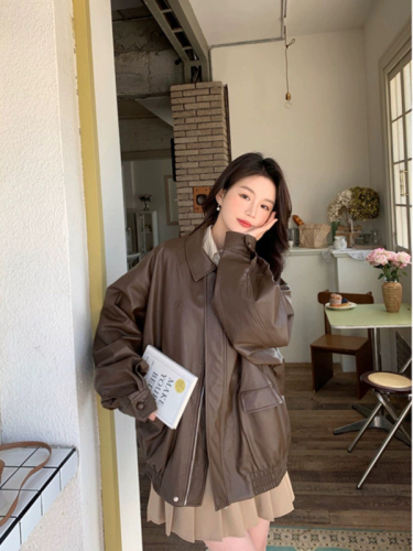 Maillard Leather Jacket Women's Spring, Autumn and Winter New American Retro Jacket Small Brown Top