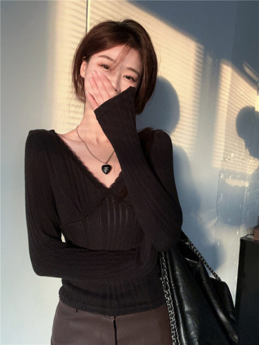 Actual shot~Pure Desire V-neck lace long-sleeved T-shirt in autumn and winter with a slim-fitting bottoming top