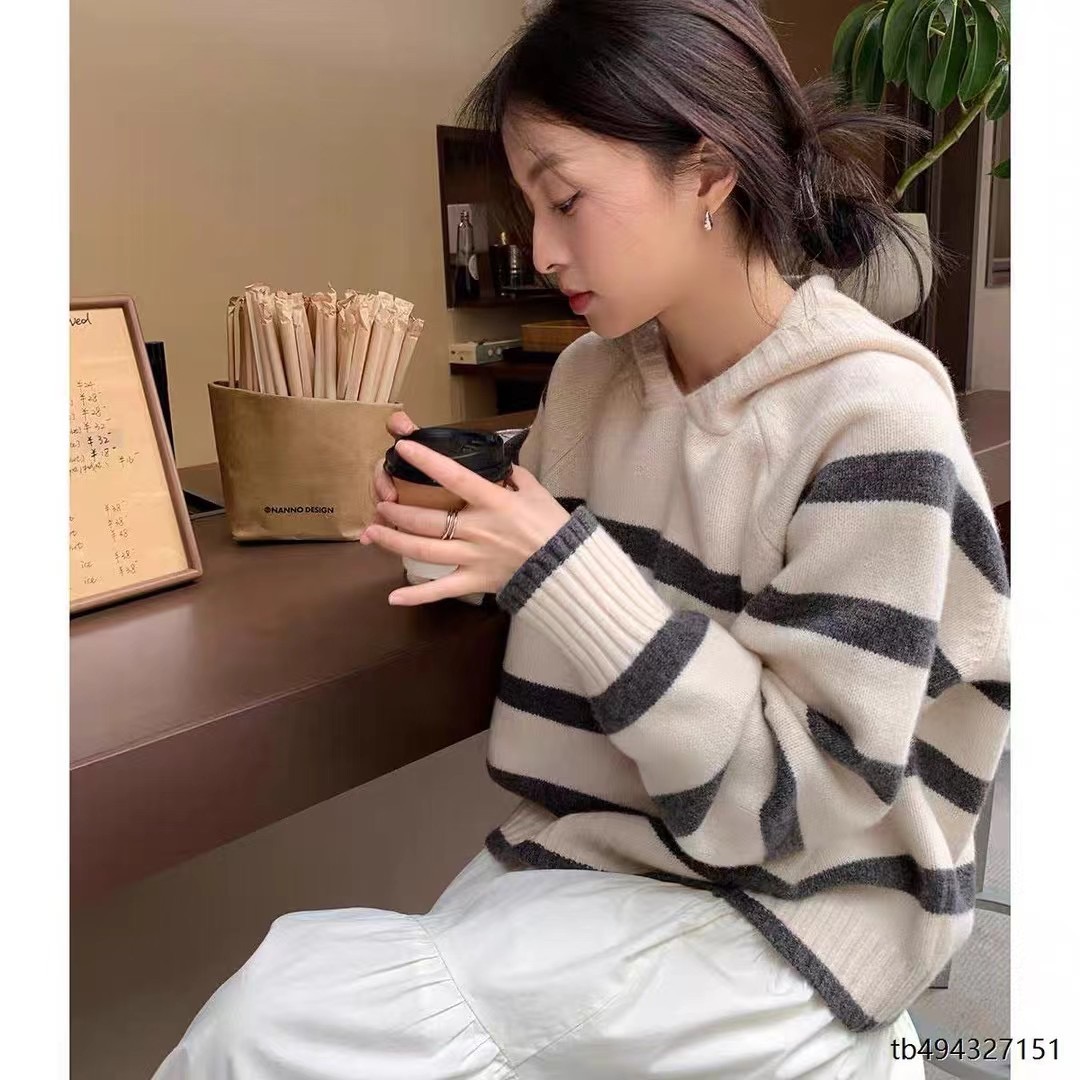 三木社寬鬆韓系連帽條紋羊毛針織衫套頭毛衣女秋冬內搭線衣學院風