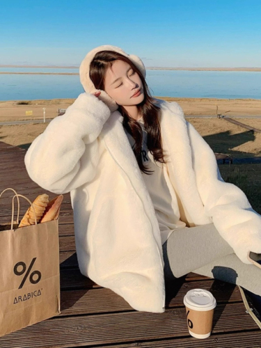 Rex Rabbit Fur Coat Women's Medium Long Hooded  New Thick Loose Cute Plush Winter Coat