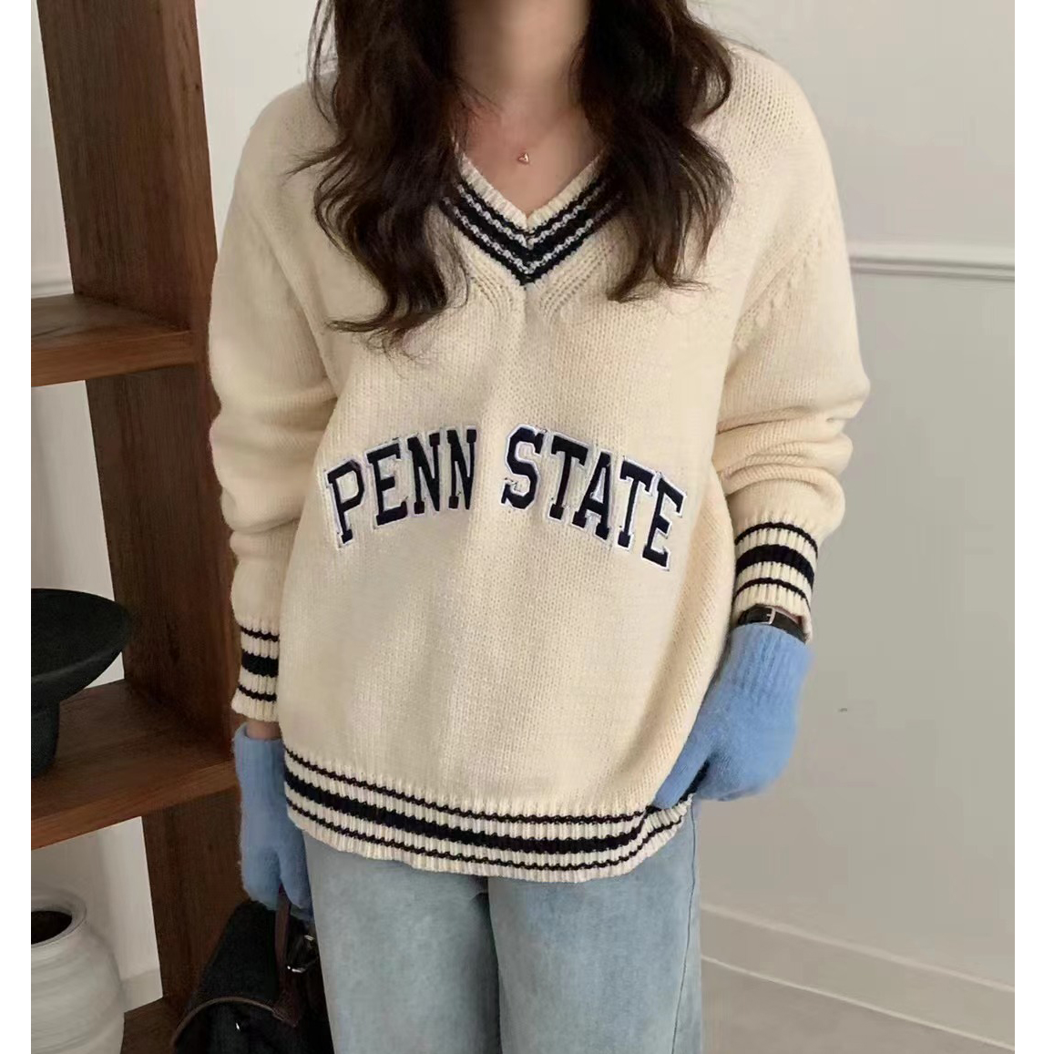 韓版拼色v領字母刺繡套頭毛衣女秋冬新款寬鬆慵懶風針織衫上衣