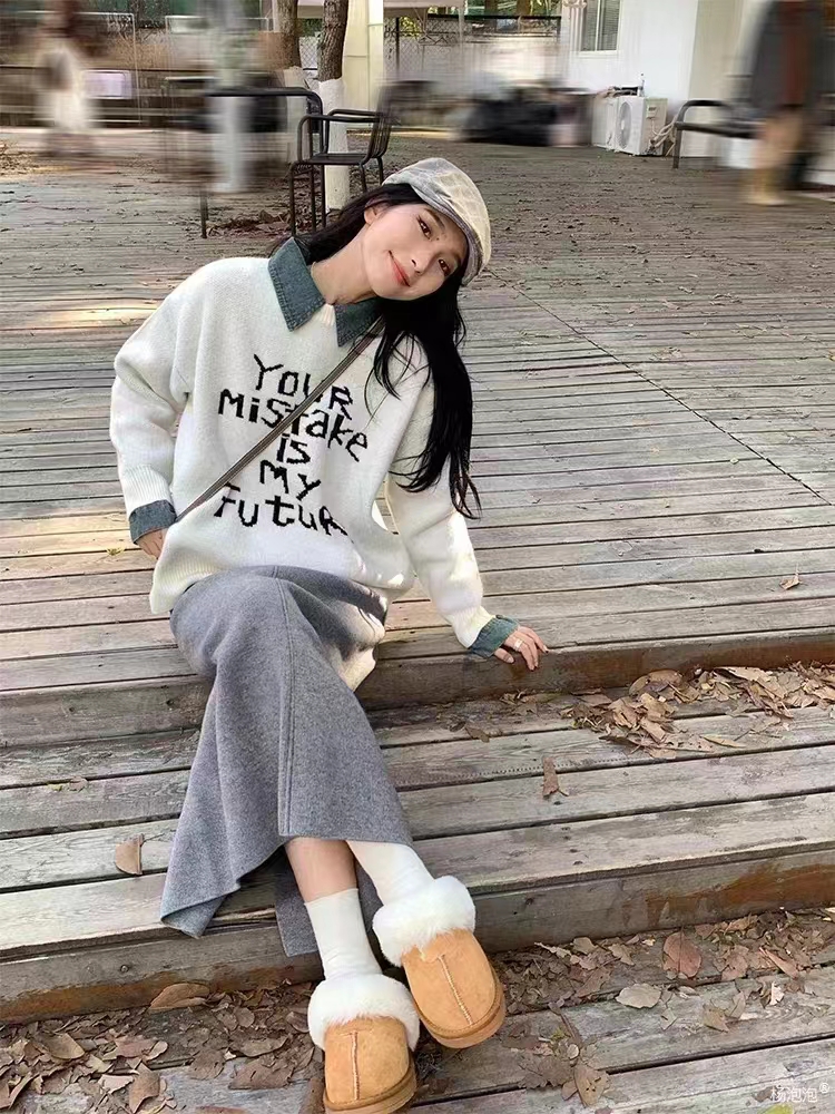 楊泡泡 黑色字母套頭毛衣女2023秋季新款慵懶風寬鬆圓領針織上衣