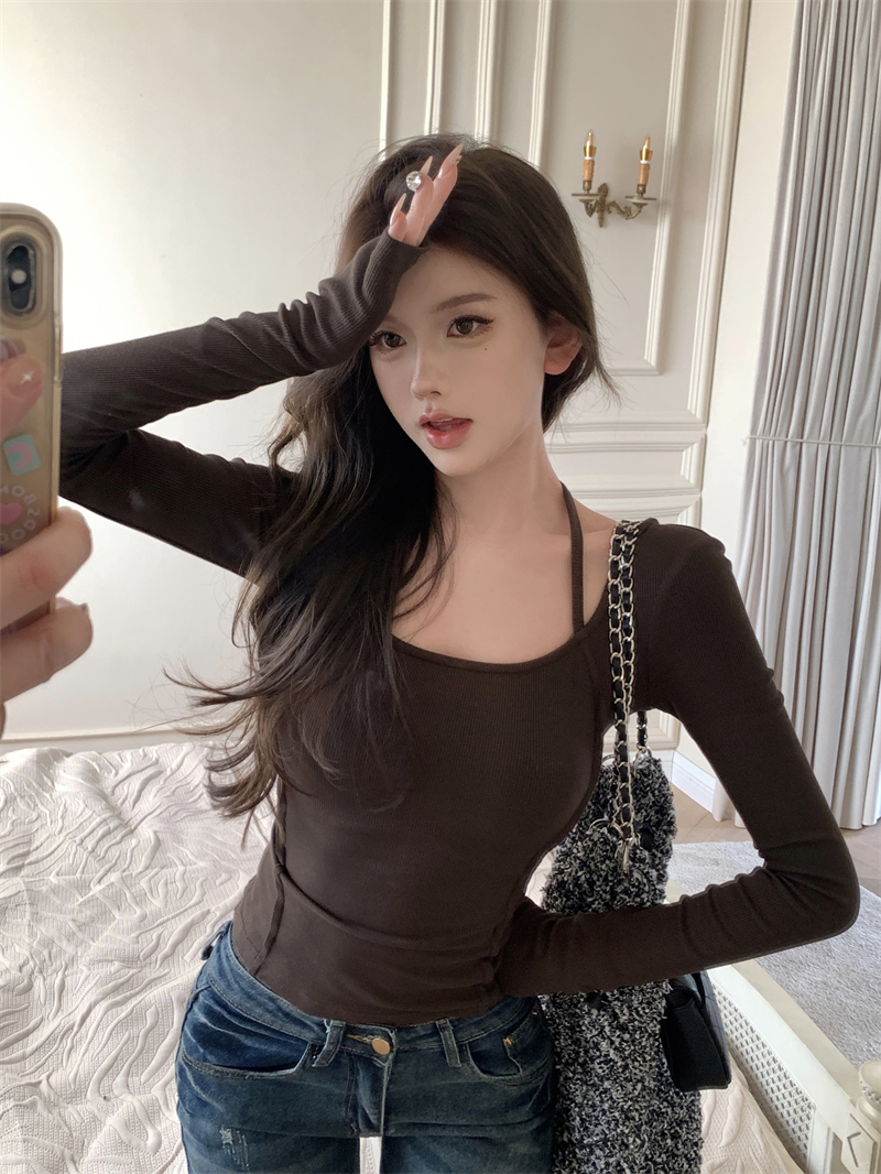 實拍 掛脖打底衫秋冬修身顯瘦小眾設計感純色內搭上衣
