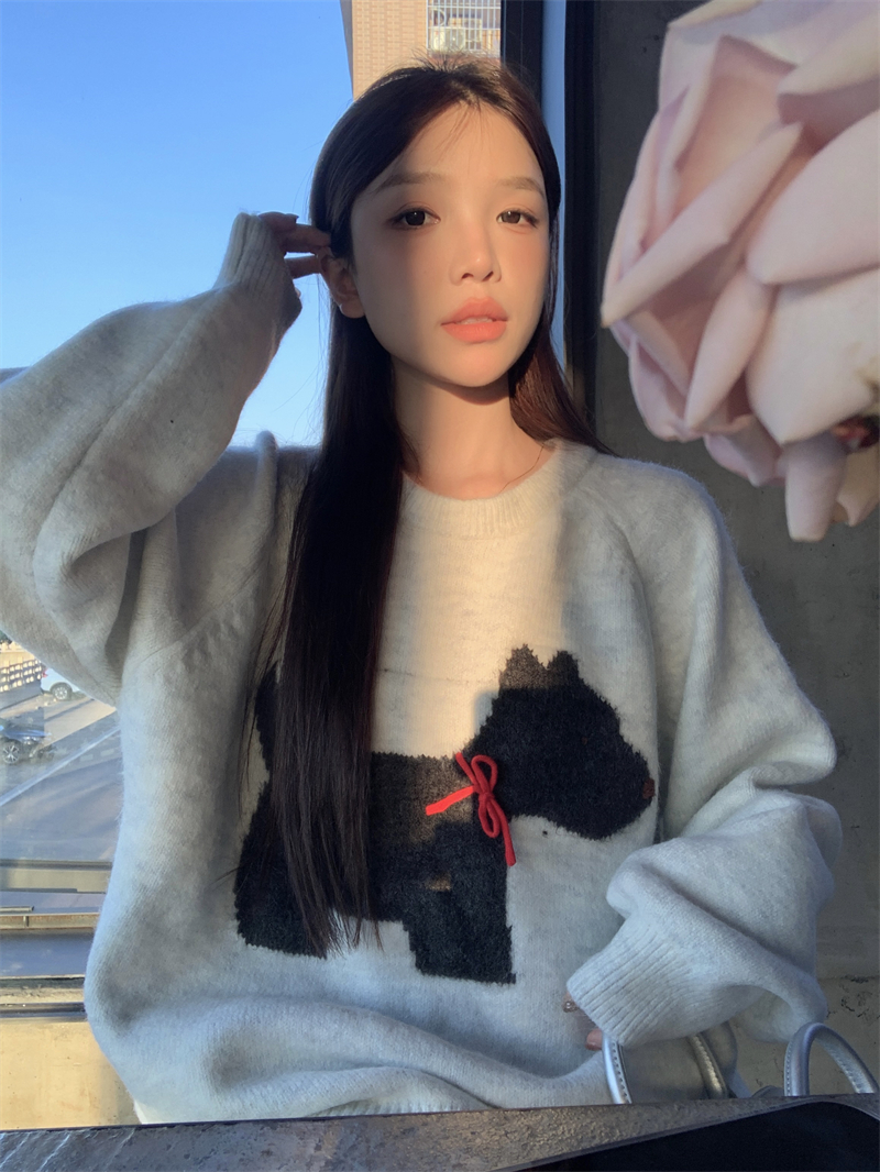 實拍  甜美減齡立體蝴蝶結寬鬆圓領加厚針織毛衣