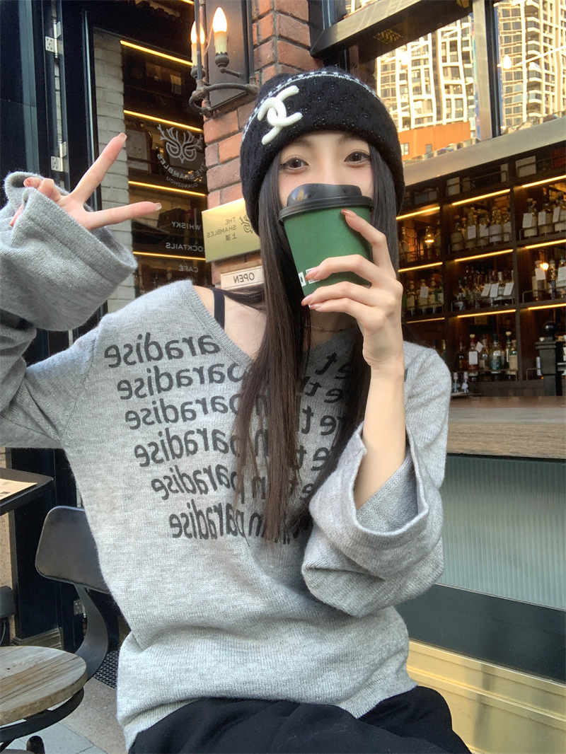 實拍 美式新款字母秋冬V領高級感毛衣休閒提花復古慵懶毛衣