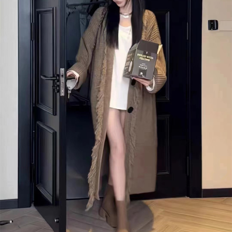 高級感流蘇灰色毛衣外套女秋冬2023新款慵懶風寬鬆中長款針織上衣