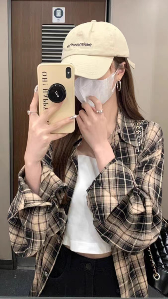 早秋復古格子襯衫女秋季薄款設計感上衣寬鬆慵懶風防曬襯衣外套