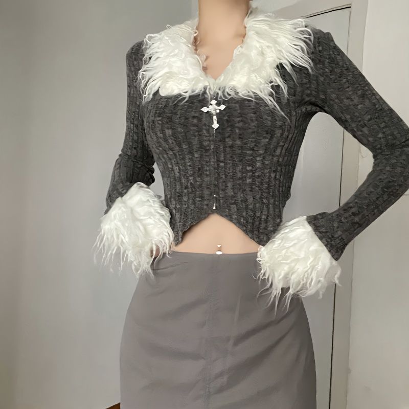 設計感秋冬新款復古毛毛拼接翻領不規則上衣女小眾顯瘦短款ins潮
