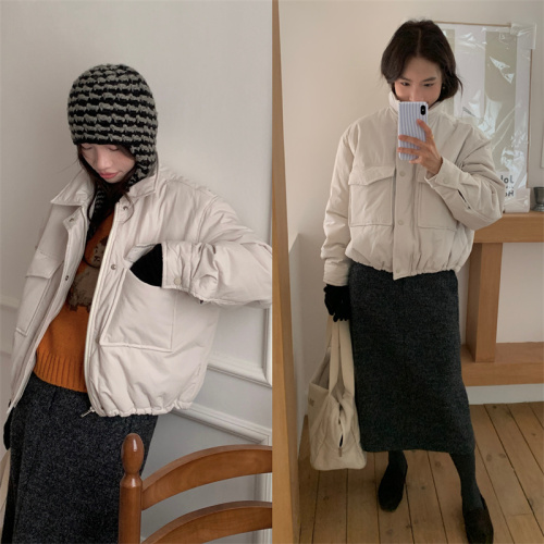 Actual shot of Korean style thickened, warm, simple and fashionable short long-sleeved cotton jacket