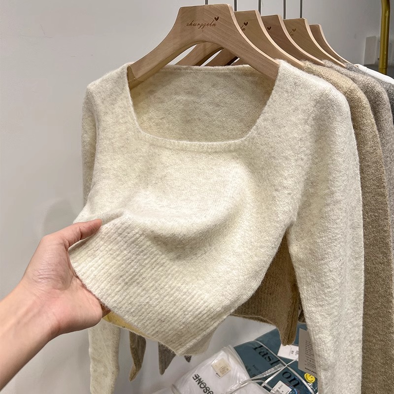加厚軟糯方領針織衫女秋冬季2023新款氣質套頭毛衣內搭打底衫上衣