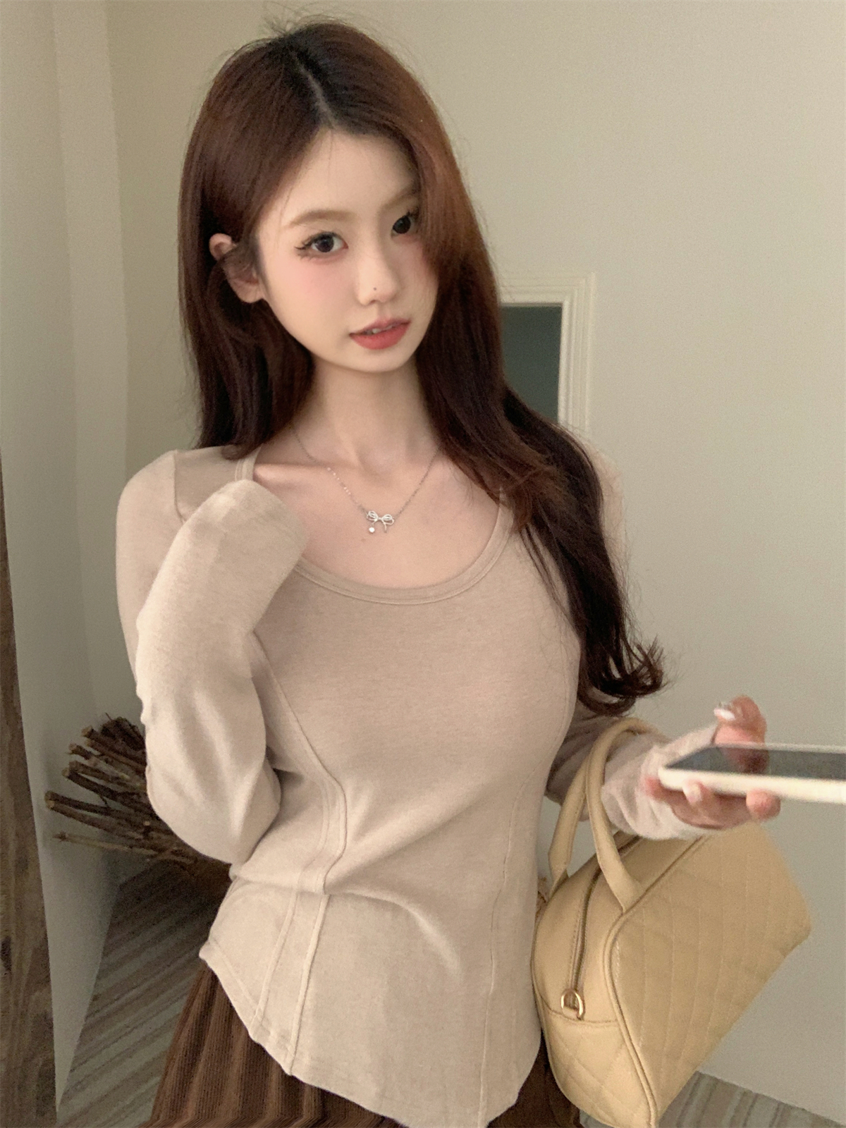 實拍 秋冬韓版修身內搭U領魚骨顯瘦德絨保暖打底衫T恤上衣女