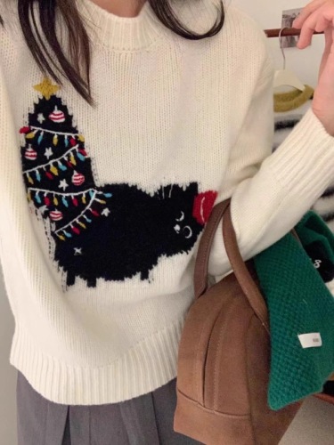 韩国秋冬款女100%羊毛圣诞猫咪刺绣圆领加厚针织衫毛衣