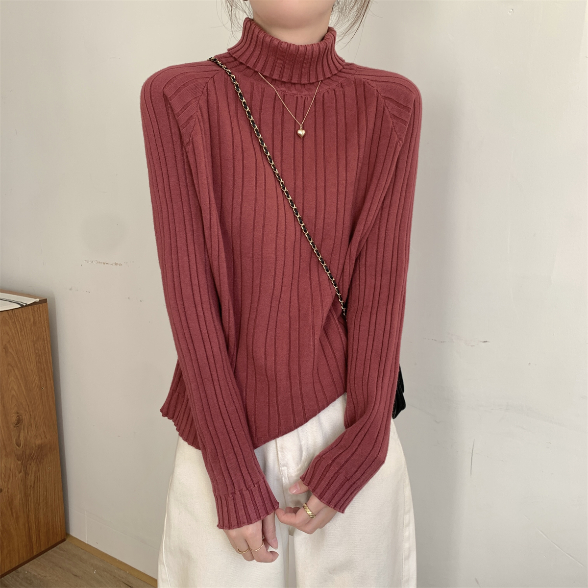 實拍 秋冬韓版高領插肩顯瘦坑條安迪絨內搭針織打底衫毛衣女