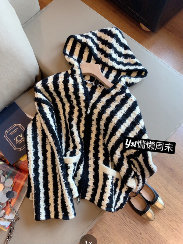 黑白條紋雙拉鏈連帽針織開衫秋季女2023時尚寬鬆休閒氣質毛衣外套
