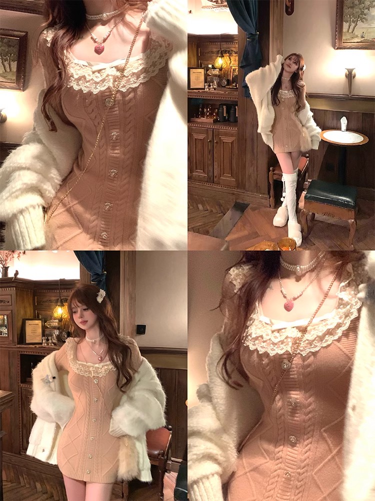 Lazy Didi杏仁烤奶 蕾絲花邊領厚實重工純欲針織修身打底毛衣裙
